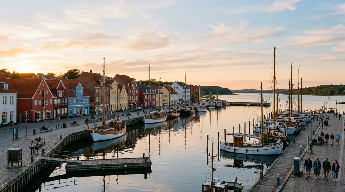 Smukke gamle huse og klassiske træskibe ved havnen i 5700 Svendborg i det bløde nordiske aftenlys